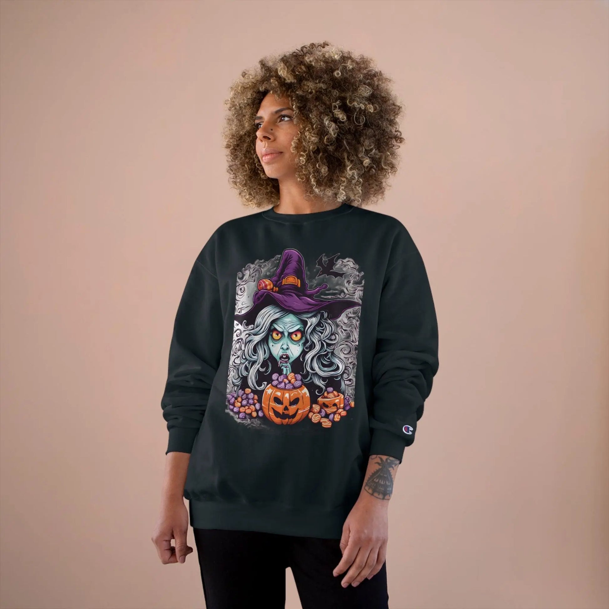 Witch and her Magic Pumpkin of Halloween Treats. Champion Sweatshirt - RoosStyle Design
