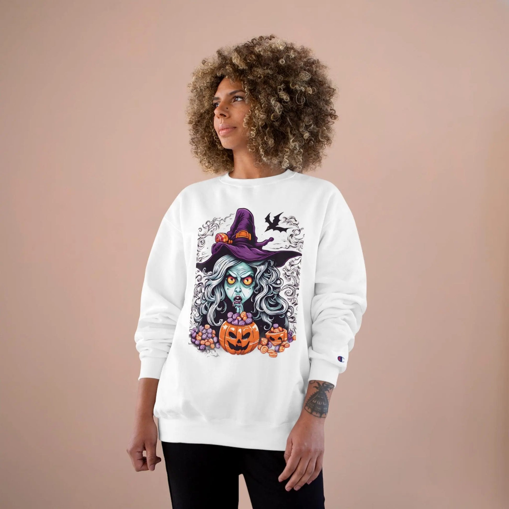 Witch and her Magic Pumpkin of Halloween Treats. Champion Sweatshirt - RoosStyle Design