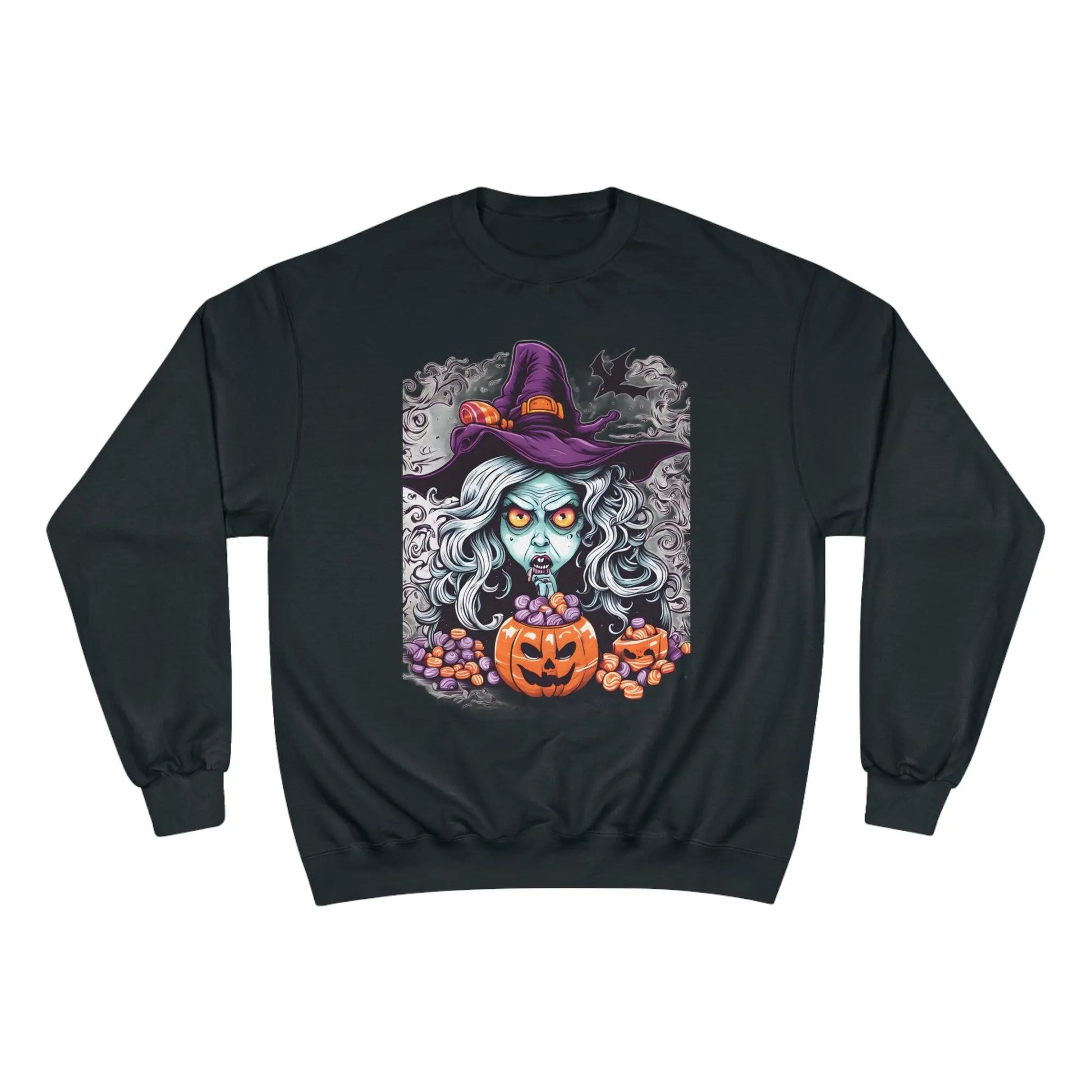 Witch and her Magic Pumpkin of Halloween Treats. Champion Sweatshirt - RoosStyle Design