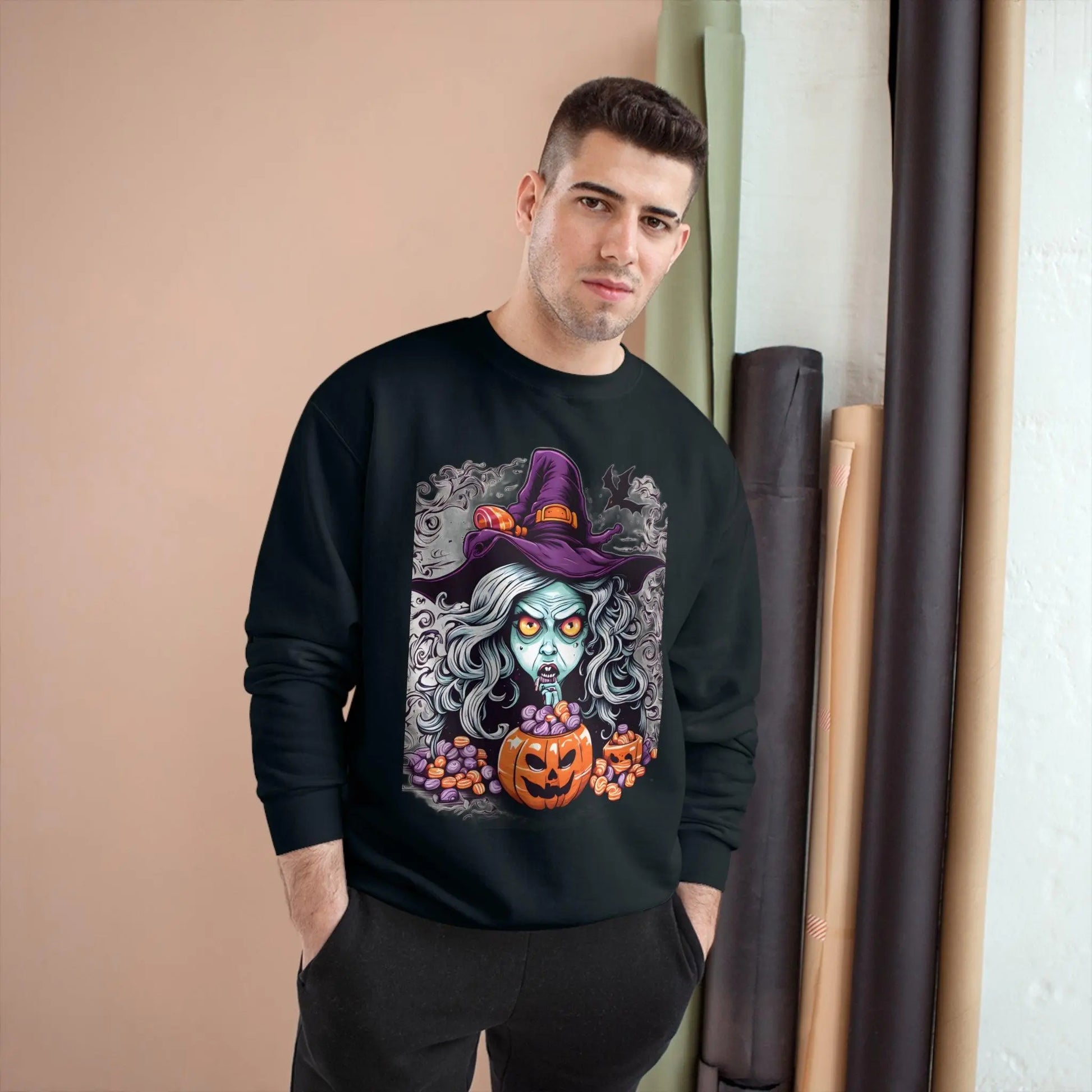 Witch and her Magic Pumpkin of Halloween Treats. Champion Sweatshirt - RoosStyle Design