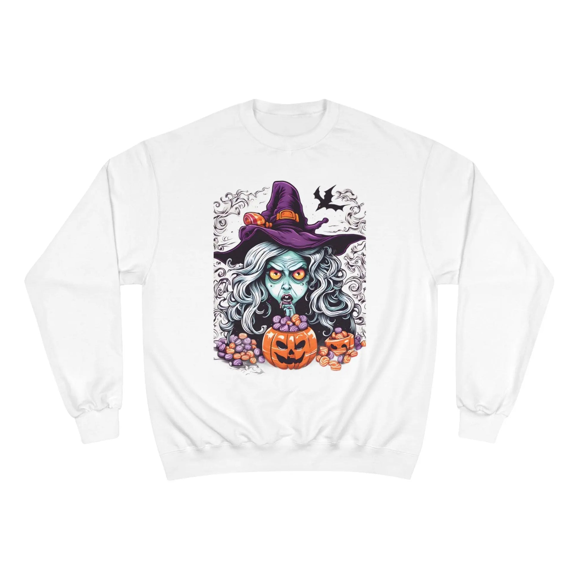 Witch and her Magic Pumpkin of Halloween Treats. Champion Sweatshirt - RoosStyle Design