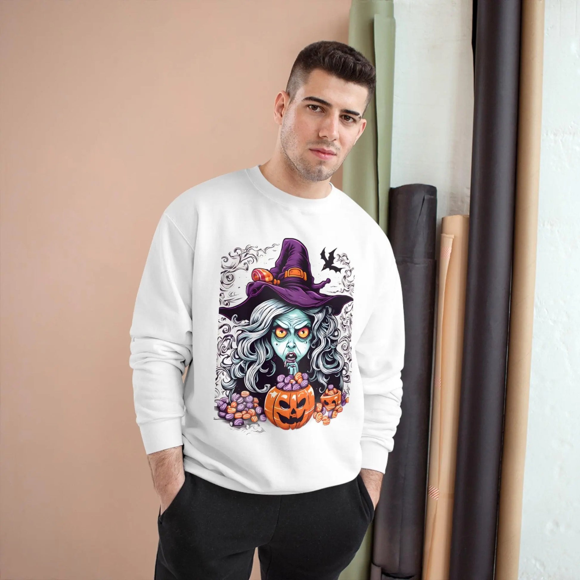 Witch and her Magic Pumpkin of Halloween Treats. Champion Sweatshirt - RoosStyle Design